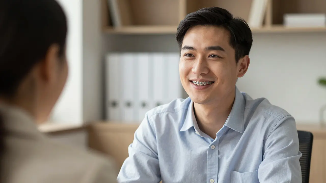 Dospělý člověk se spokojeným úsměvem a diskrétními keramickými rovnátky v profesionálním prostředí.