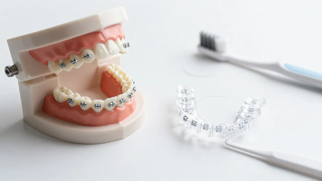 Keramická rovnátka a Invisalign aligner vedle sebe s potřebami pro péči o zuby na bílém pozadí.