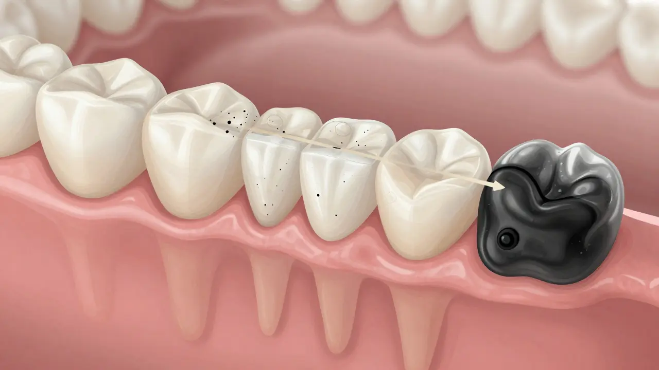 Krok za krokem tvorba černého zubního kamene z plaku a minerálů