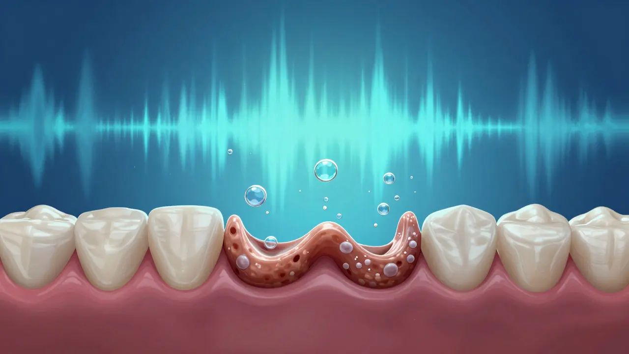 Mikroskopický pohled na rozpad zubního kamene pod dásními díky ultrazvukovým vlnám.