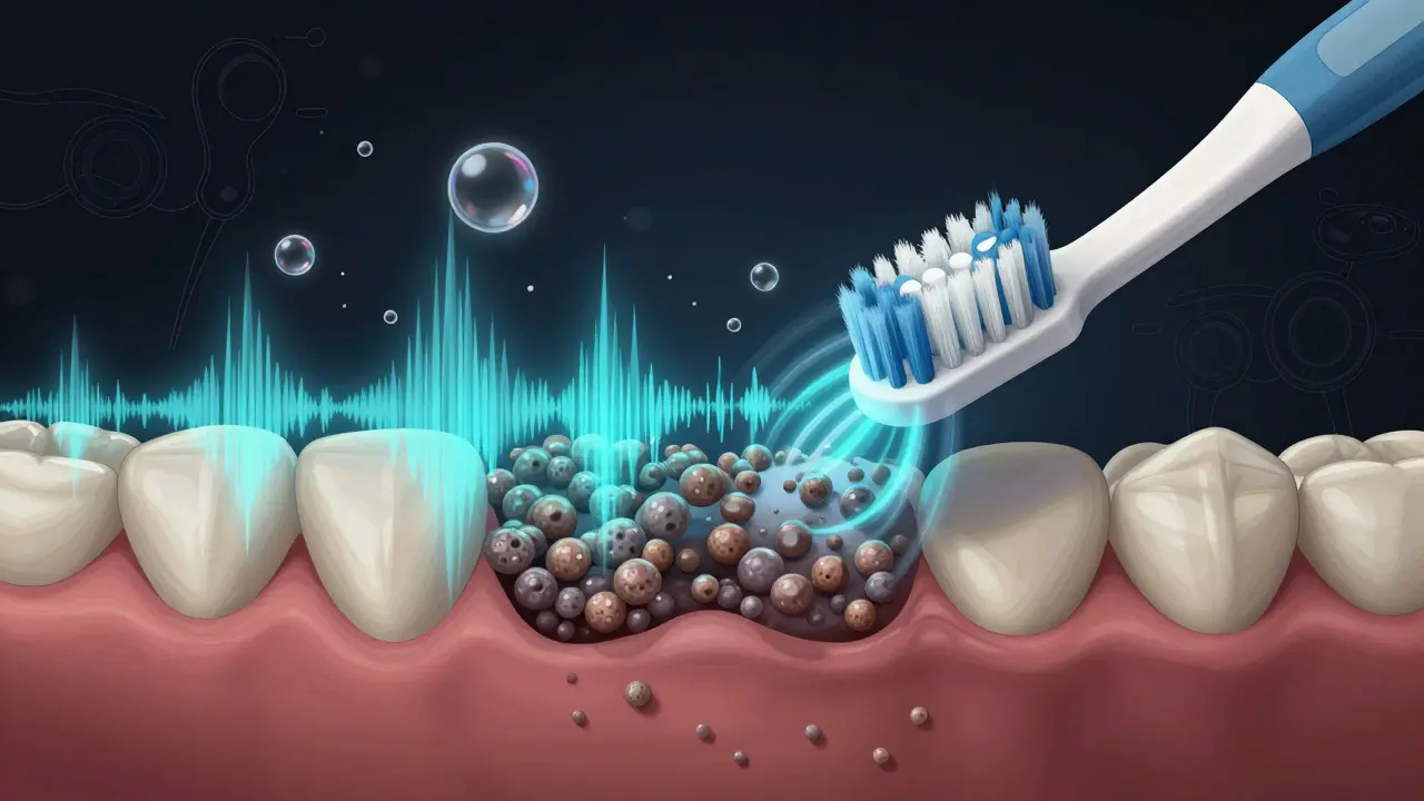 Mikroskopický pohled na ultrazvukové vlny rozkládající zubní kámen a plak pod dásní.