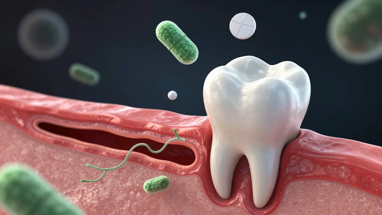Mikroskopický pohled na zubní kaz a bakterie šířící se do čelisti, s molekulami léků nad ním.