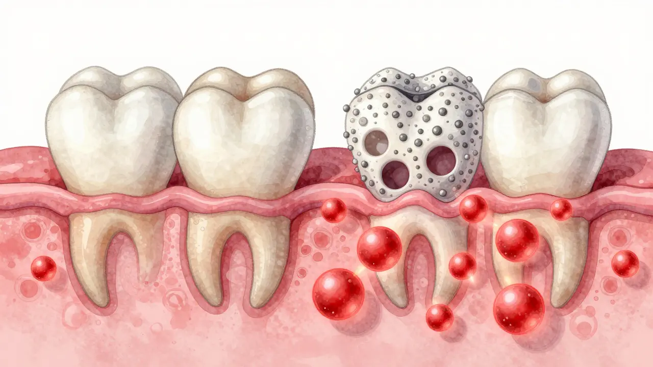 Mikroskopický řez zubní sklovinou: zdravé minerály vs. demineralizovaná oblast s výskytem kyseliny.