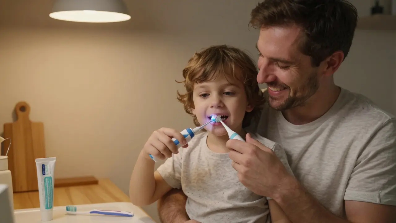 Otec čistí zuby dítěti ultrazvukovým čističem, oba se usmívají v klidném prostředí.