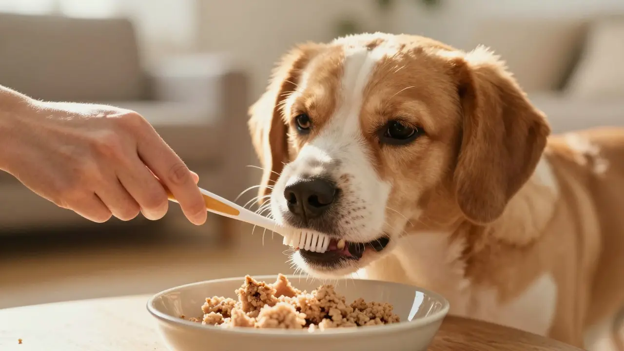 Pes jí měkkou potravu a majitel čistí zuby po proceduře.