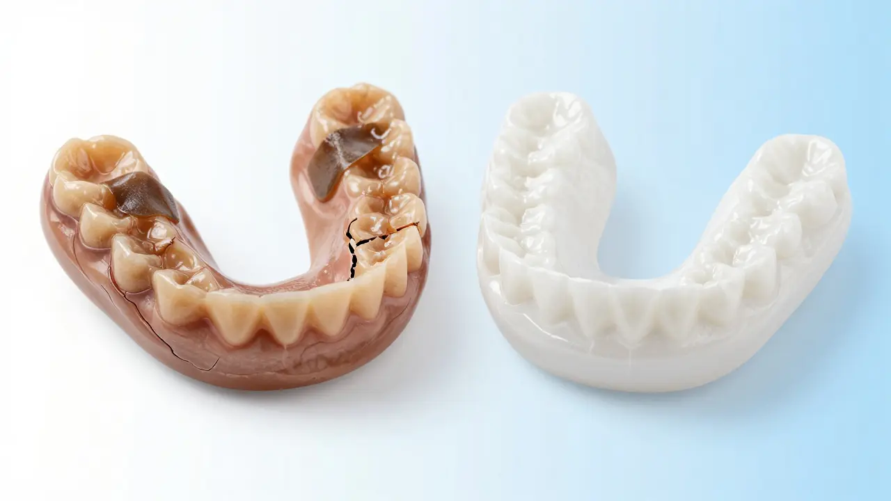 Porovnání poškozené a čisté zubní protézy jako symbol péče o zdraví úst.