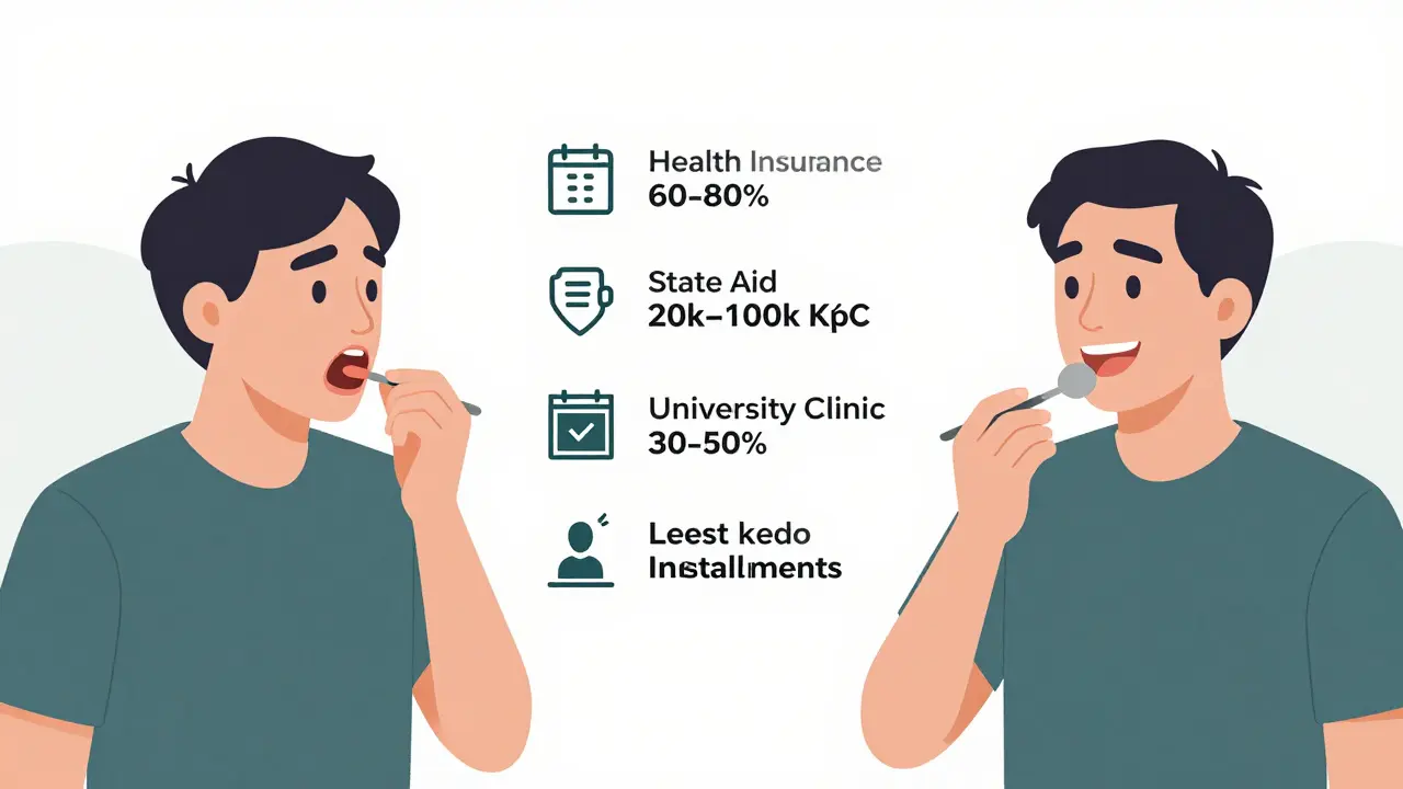 Porovnání před a po maxilofaciální operaci s ikonami finanční podpory.