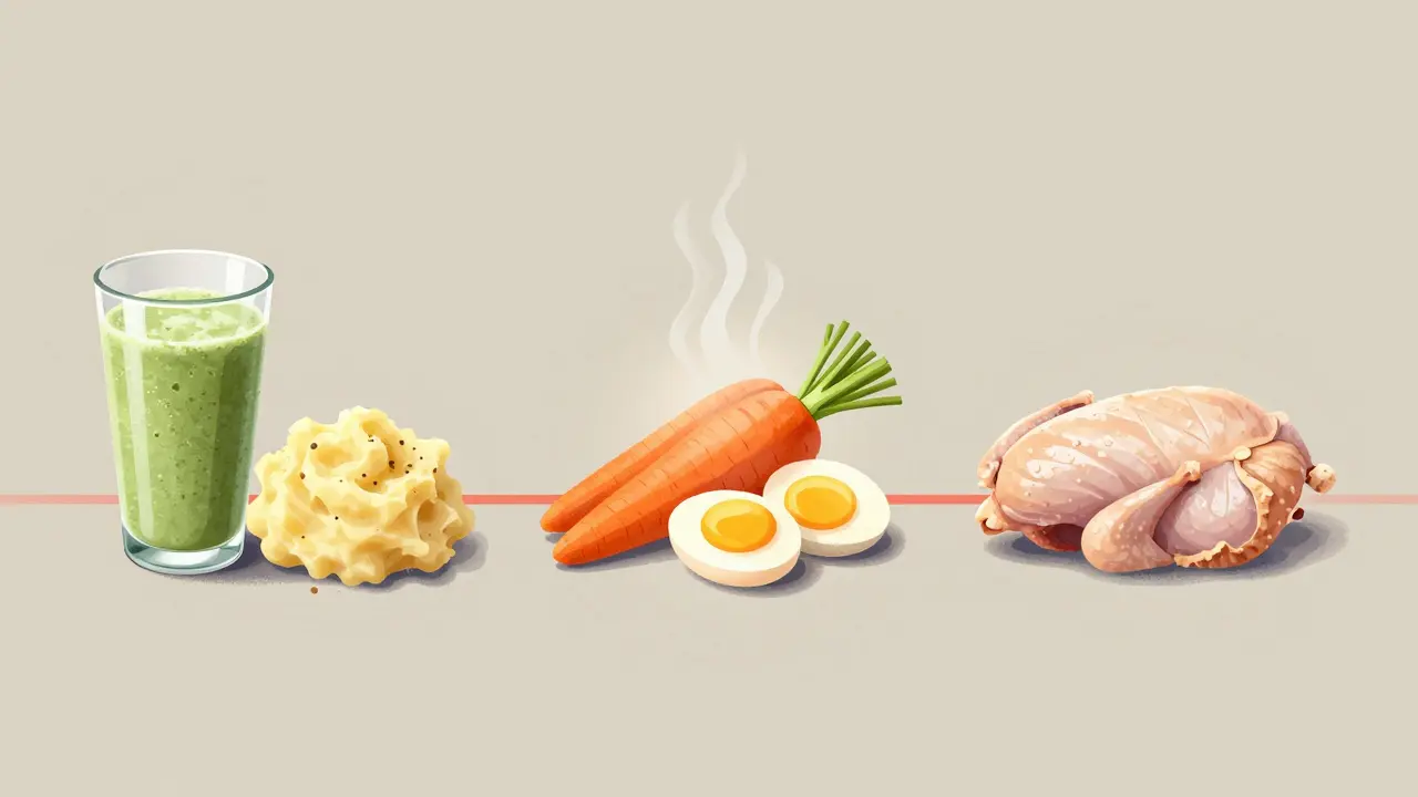 Postupný vývoj stravy po vytržení zubu: od měkkých chladných potravin k jemně vařeným potravinám během 7 dní.