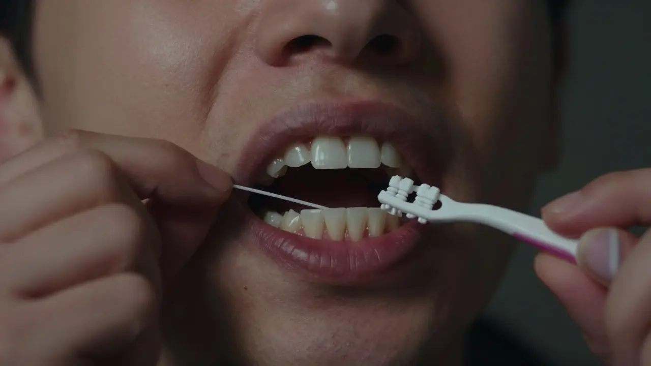 Použití zubní niti mezi zuby s jemným pohybem nahoru a dolů pro odstranění plaku.