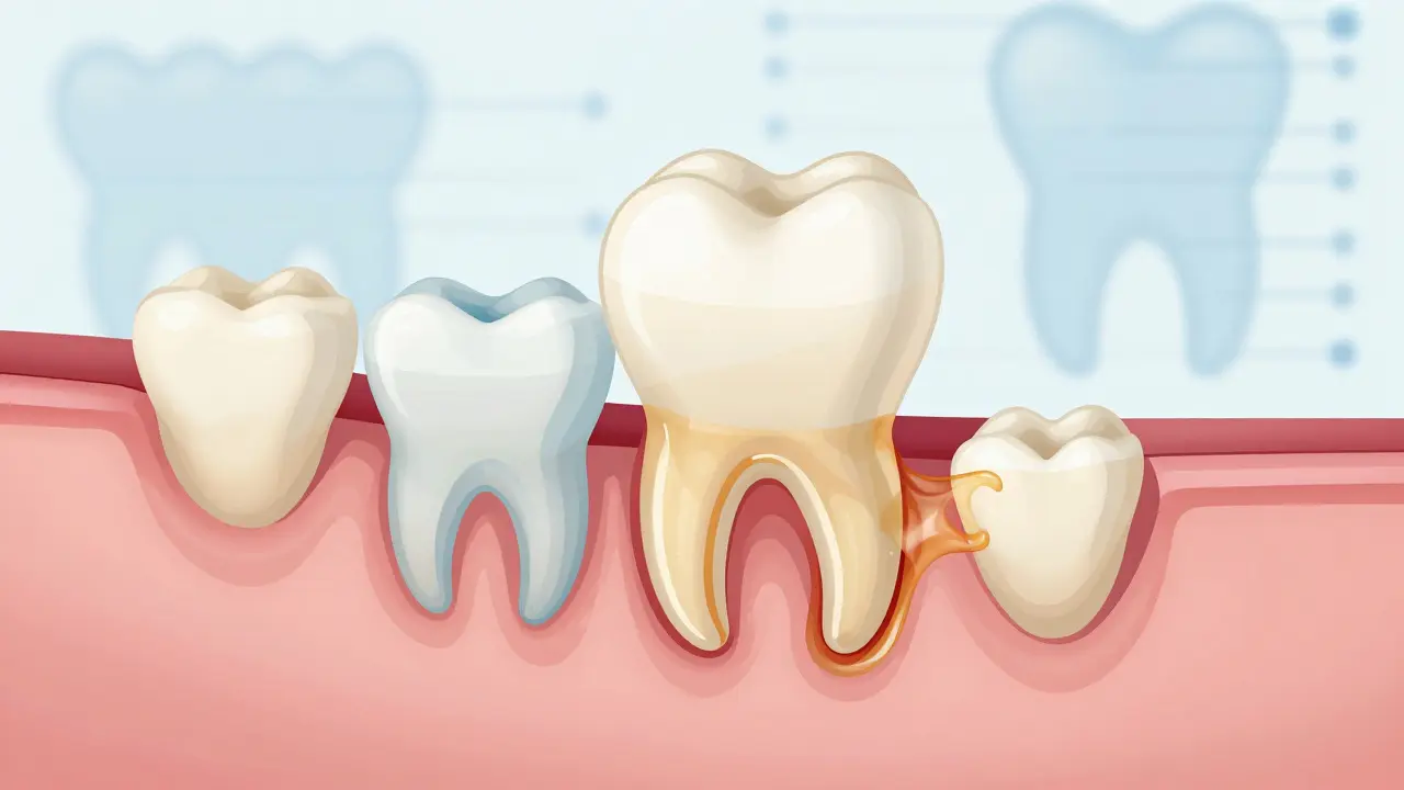 Přehled vnitřní stavby čelisti: mléčný zub se rozpouští, zatímco roste trvalý zub.