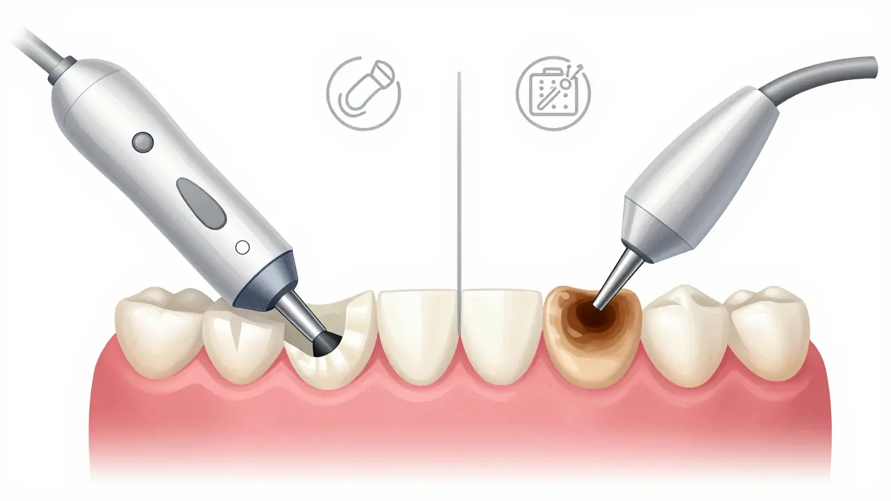 Side-by-side comparison of ultrasonic scaling and airflow stain removal.