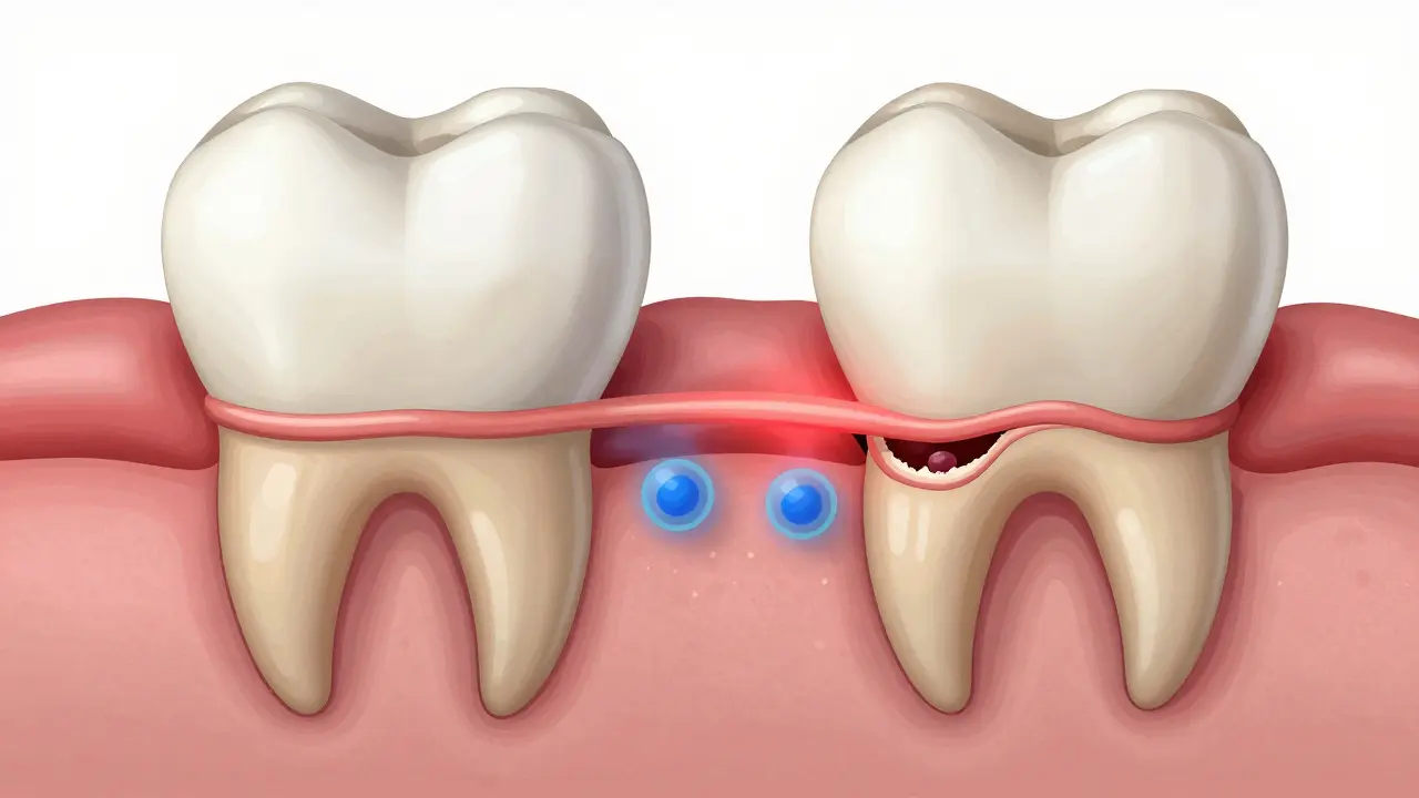 Srovnání zdravého a poškozeného dásňového tkaniva s bakteriemi a erodovanou sklovinou.