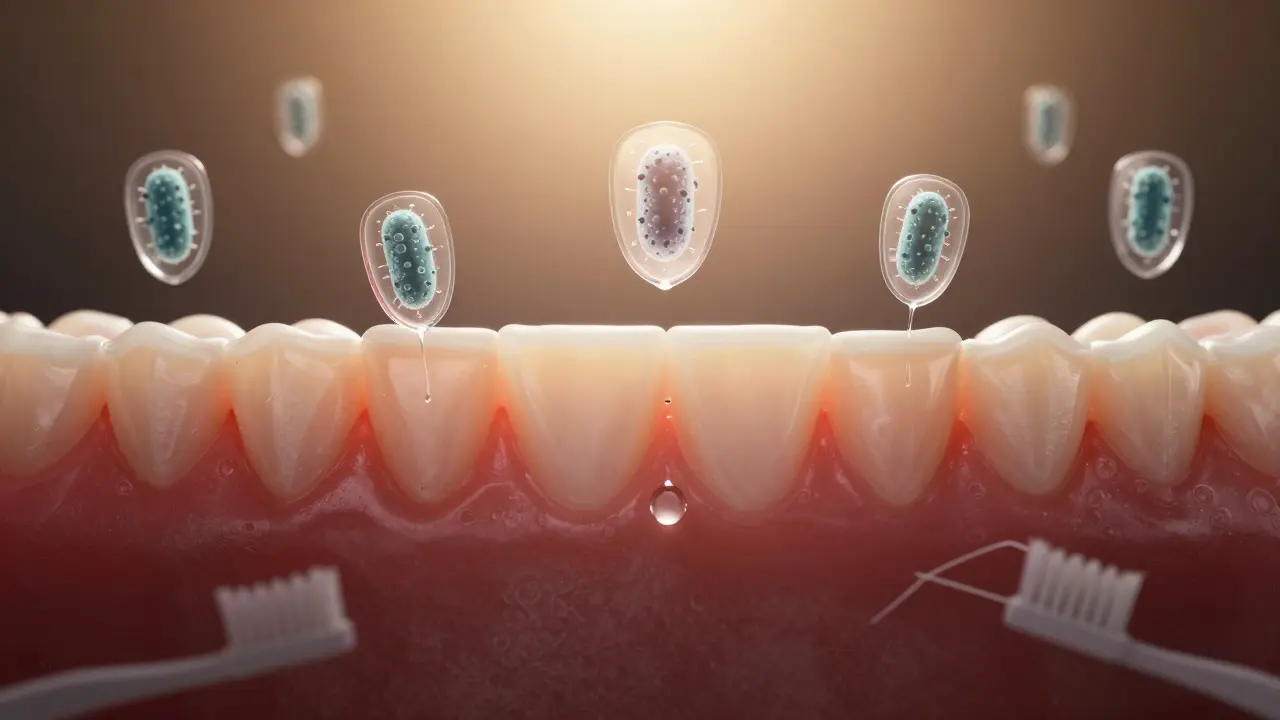 Symbolická reprezentace zdravých dásní v prosvíceném prostředí.