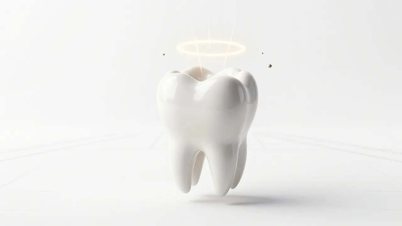 Tenká keramická fazeta leží nad zubem, osvětlená zlatým světlem v čistém prostředí.