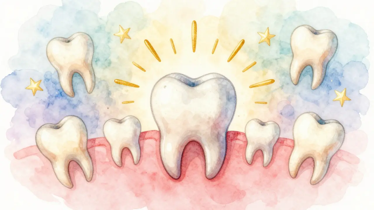 Trvalý molár vyrůstá za mléčným zubem, zatímco se mléčné zuby mění v hvězdy.