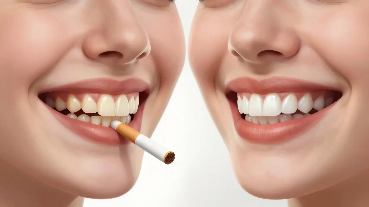 Two contrasting smiles: one with stained teeth, the other with natural-looking porcelain veneers.