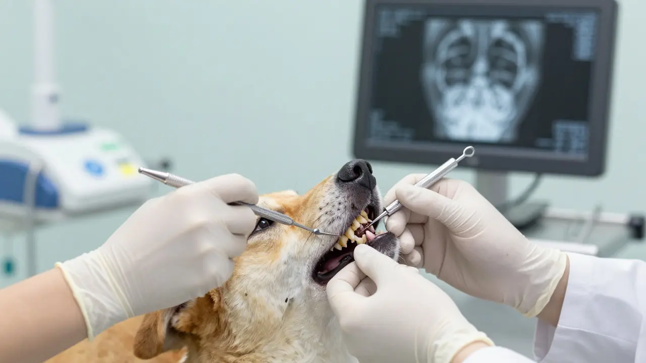 Veterinář odstraňuje zubní kámen zubním škrabkem pod anestézií.