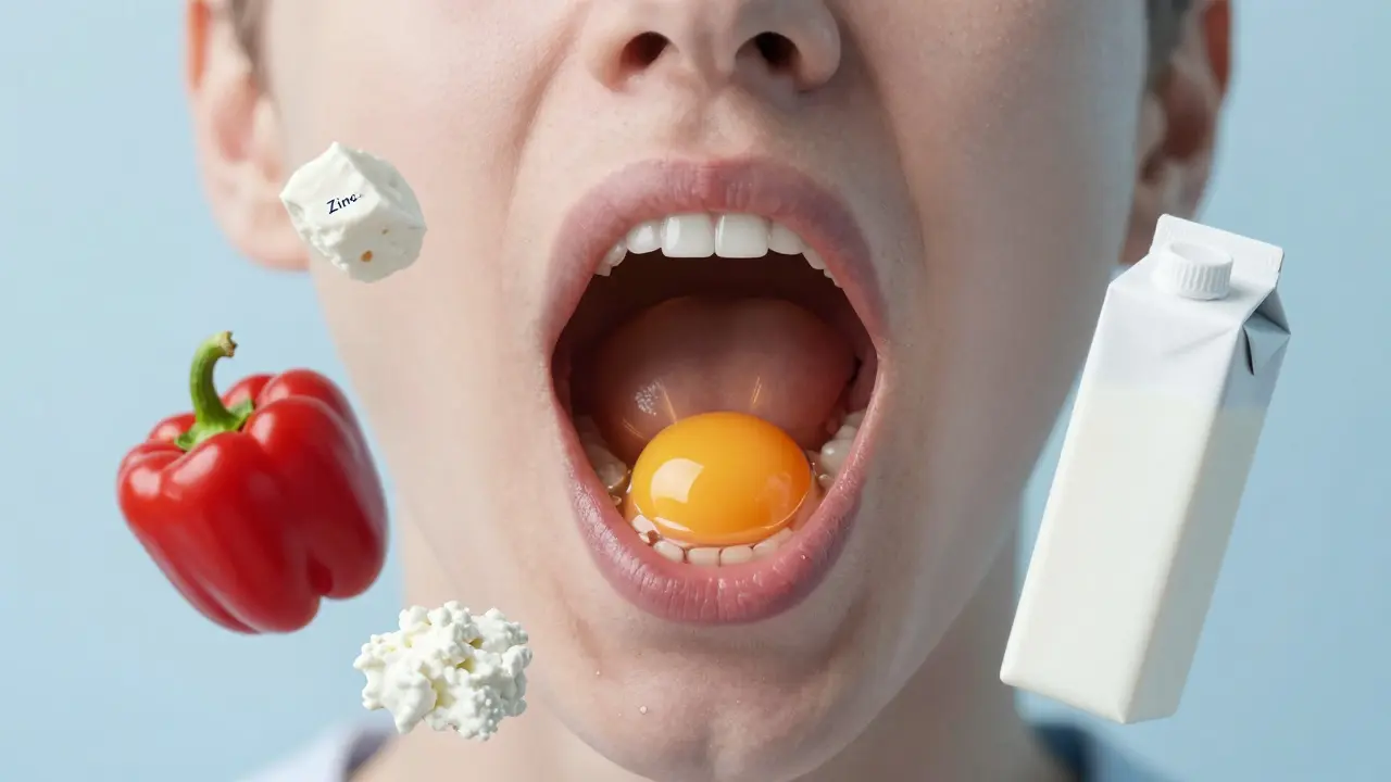 Viditelné hojící se jamka zubu obklopená výživnými potravinami: tvaroh, vejce, paprika a mléko.