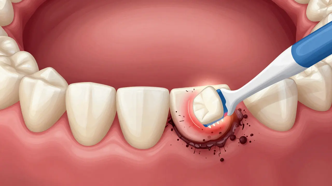Vnitřní pohled do úst s ukázkou nánosu plaku pod zubním můstkem a čištěním kartáčkem.