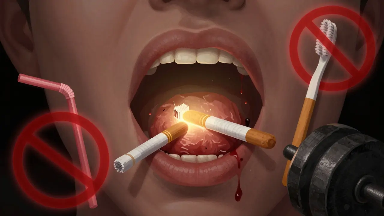 Výluk s krevní sraženinou chráněný zlatým světlem, kolem něj zákazníky: slámka, cigareta, kartáček.