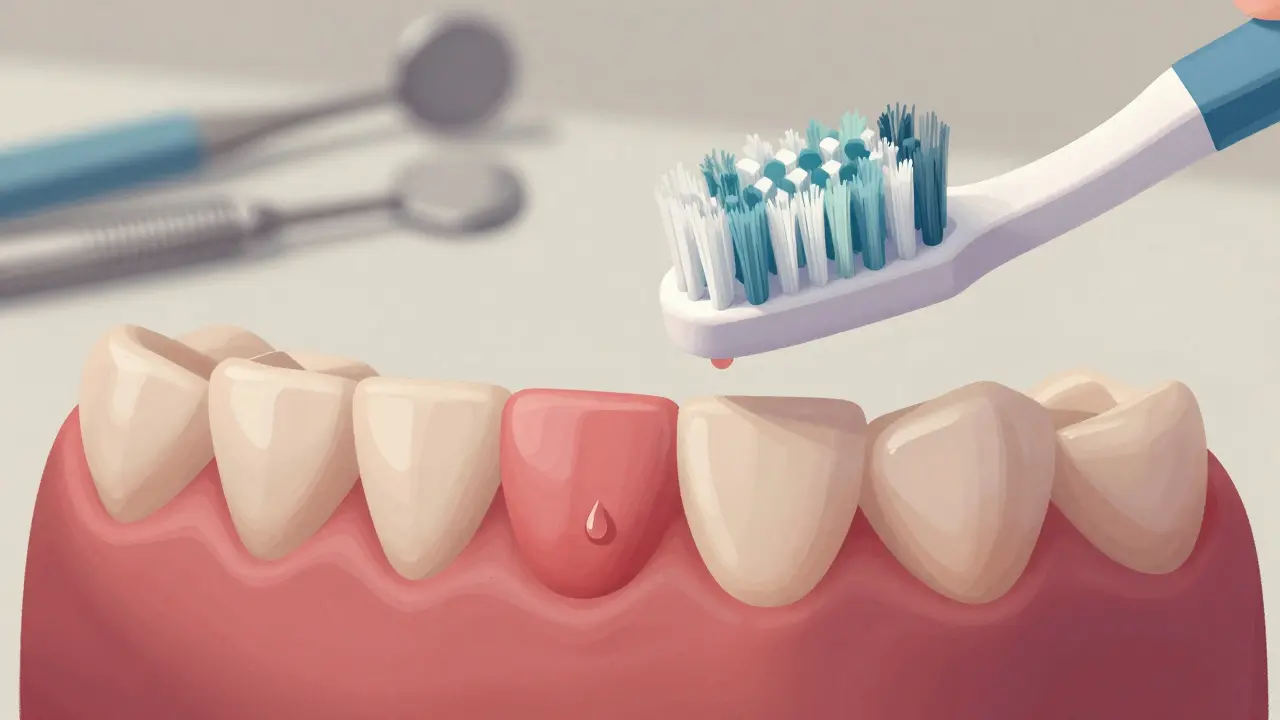 Zánětlivé dásně s jemně zvýrazněnou citlivostí a měkkým kartáčkem.