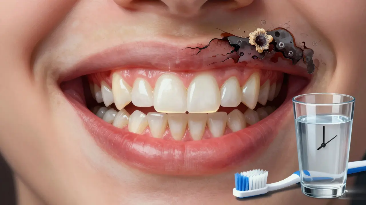 Zdravé zuby a dásně v kontrastu s černým plakem a zubním kamenem, symbolizující důsledky špatné hygieny.