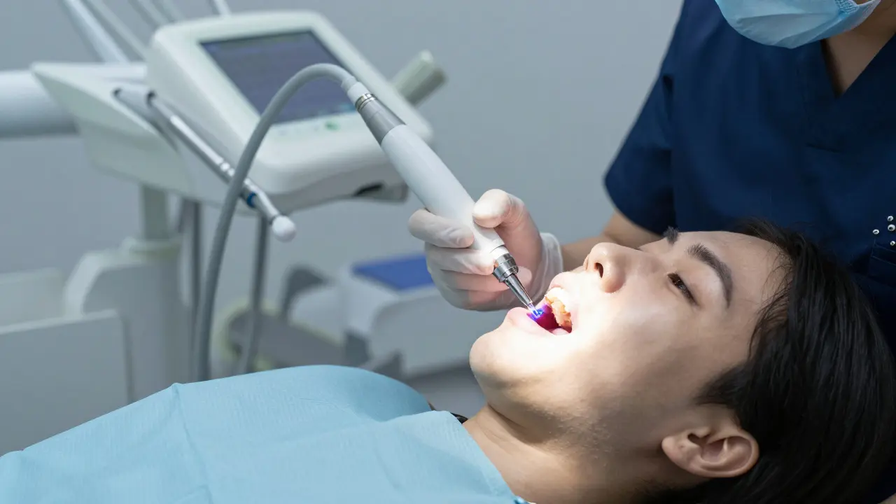 Zubní lékař provádí profesionální bělení zubů