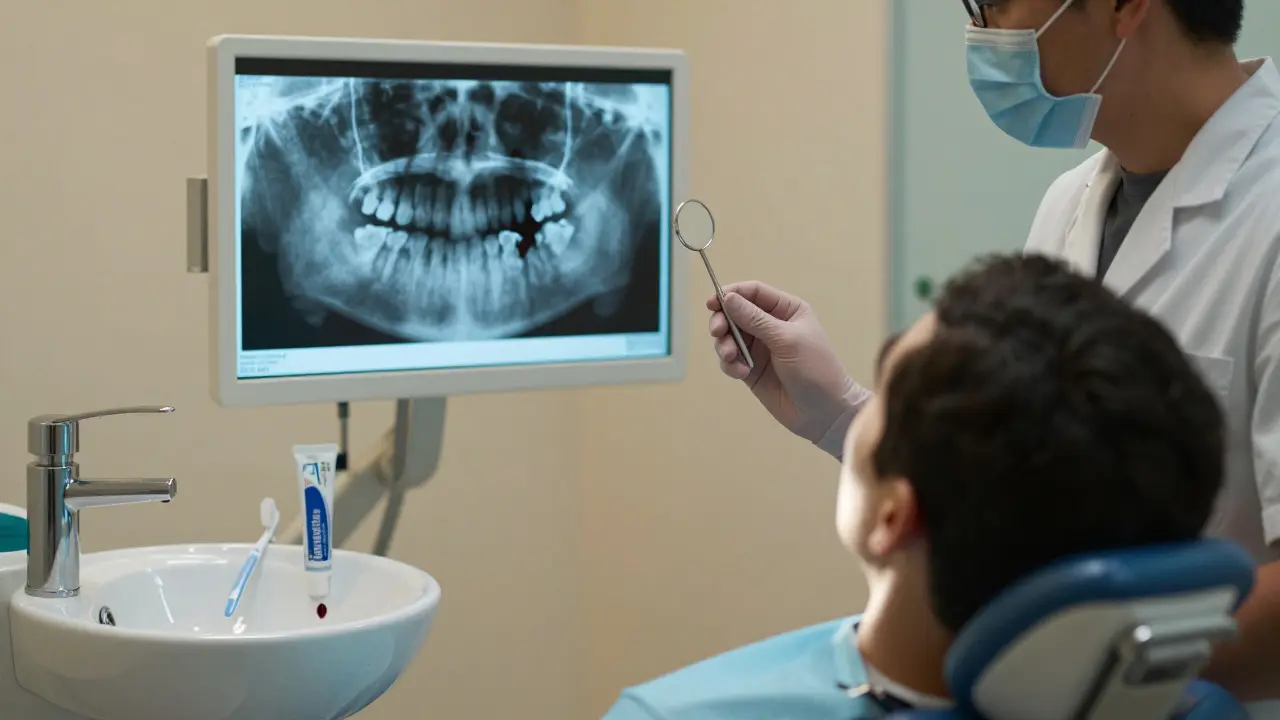 Zubní lékař vyšetřuje pacienta, na zdi rentgenový snímek poškozeného zubu, teplé osvětlení kliniky.