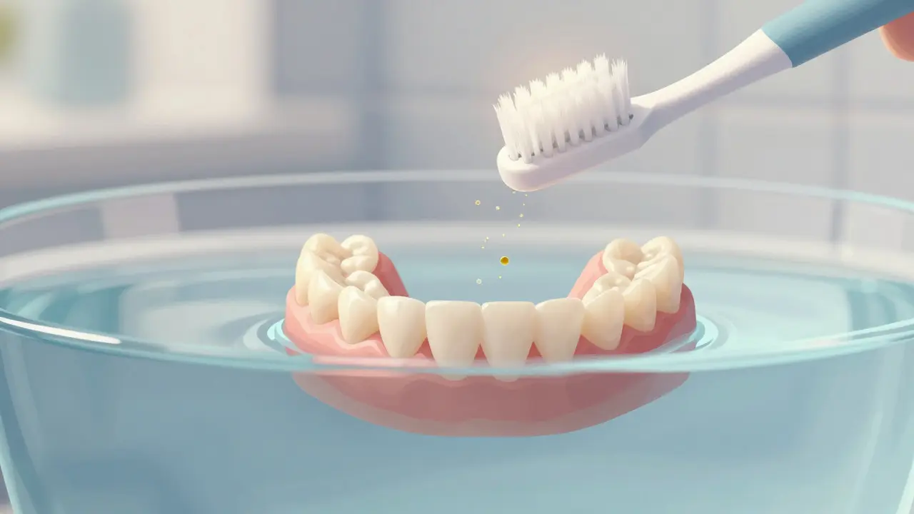 Zubní protéza v roztoku s jemně se rozpadajícími zbytky lepidla.