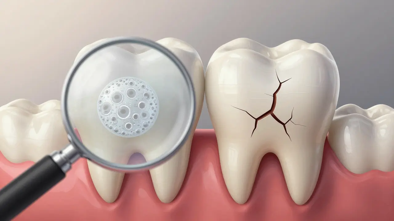Zvětšený pohled na zubní sklovinku s jemným bělícím účinkem na jedné straně a poškozením na druhé.