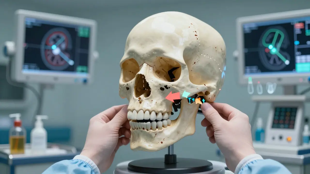 3D model lebky na obrazovce s animovanými směry přesunutí čelisti během plánování operace.