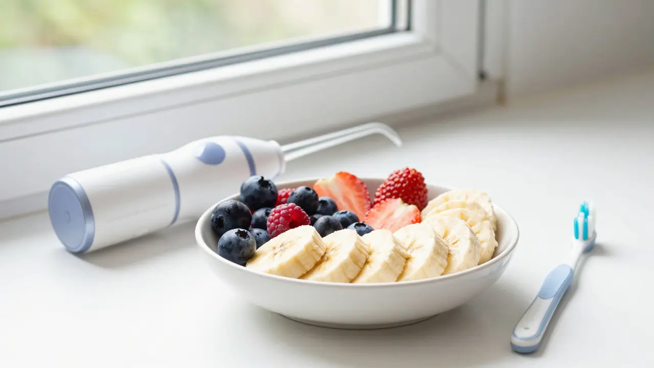 Bezpečné měkké ovoce a nástroje na hygienu zubů s aparát.