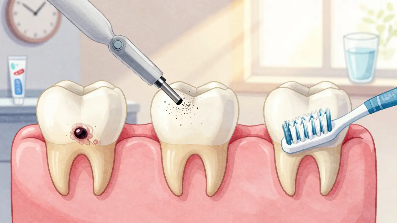 Časová osa ukazující přechod od zubního kamene k čistotě a péči.