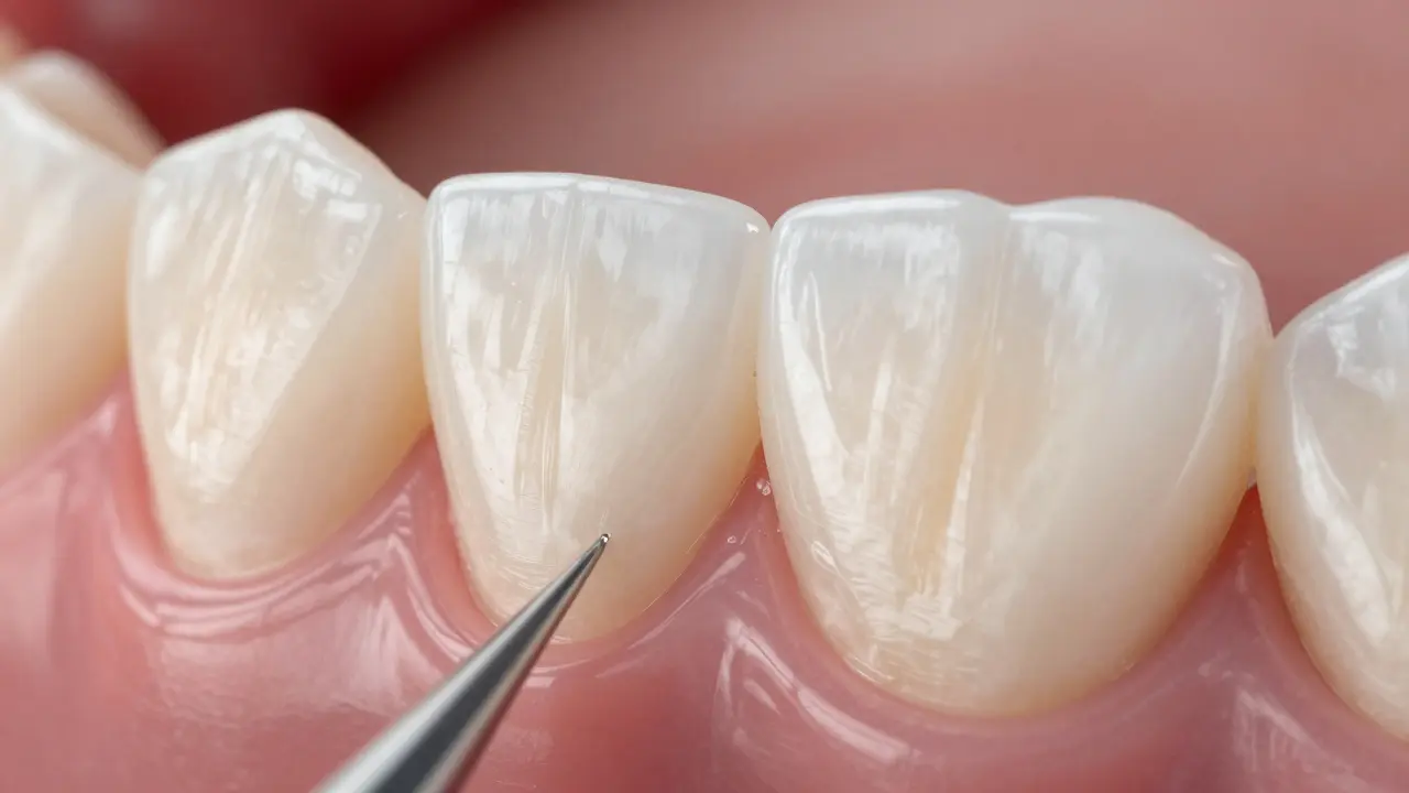 Close-up of a thin ceramic veneer being bonded to a tooth, showing seamless integration with natural enamel.