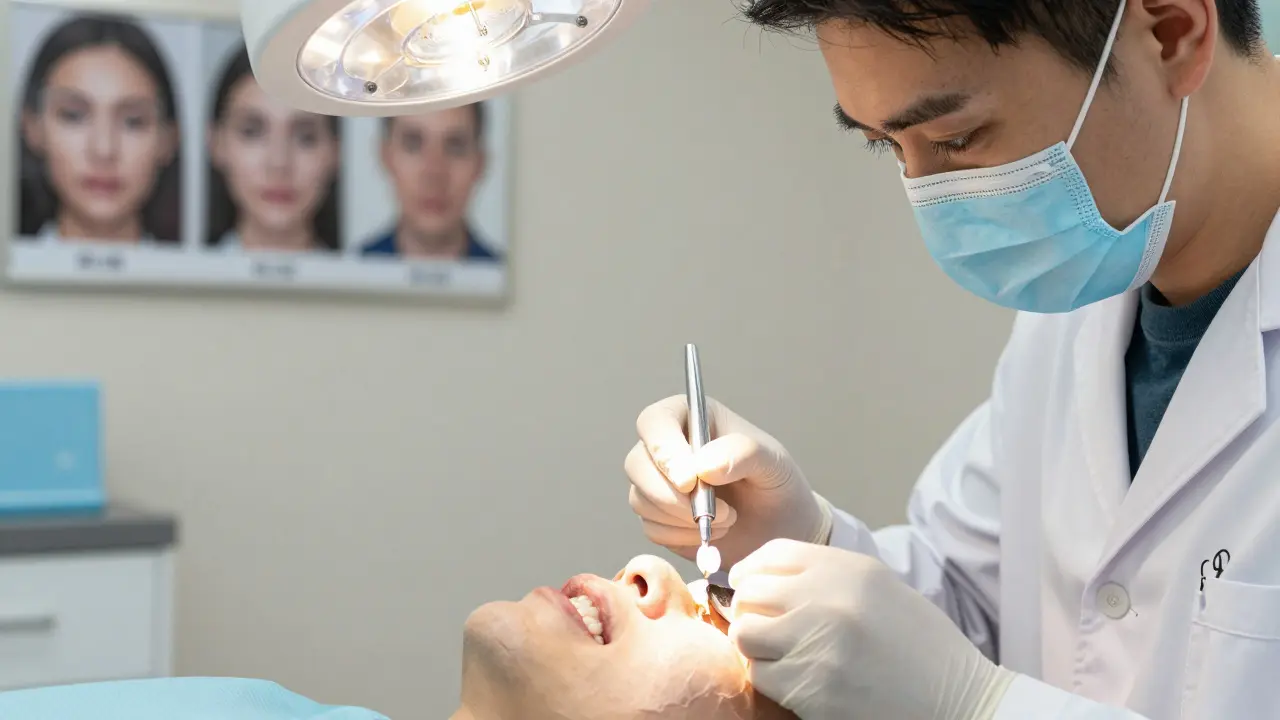 Dentista přilepuje porcelánovou vložku na zub v klinice s teplým osvětlením.