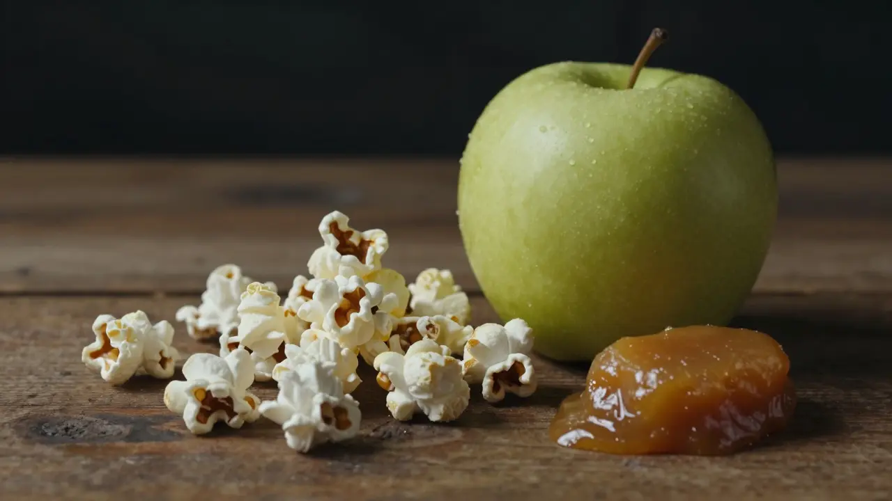 Deska s nebezpečnou stravou jako celé jablko a popkorn.