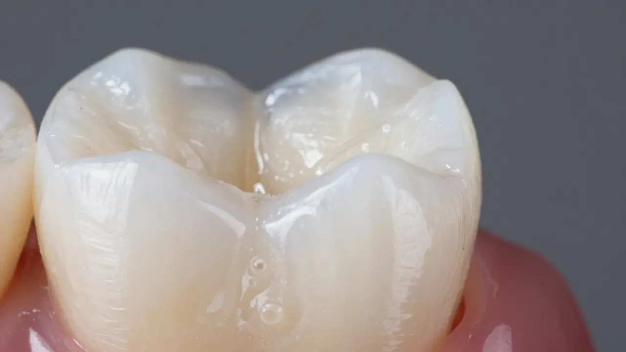 Detailní makro fotografie zubu s novou kompozitní plombou.