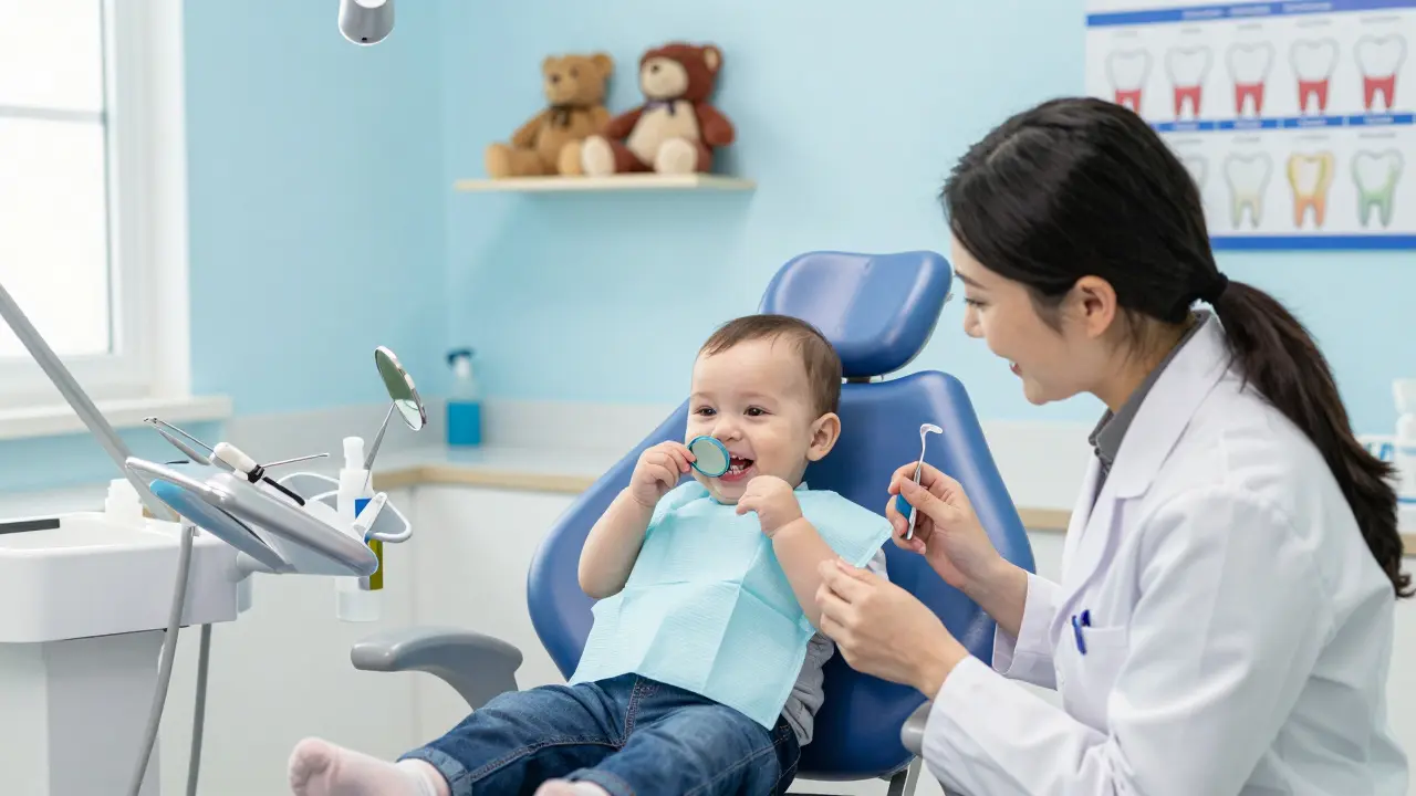 Dětský zubař prohledává první zuby kojence v klinice.