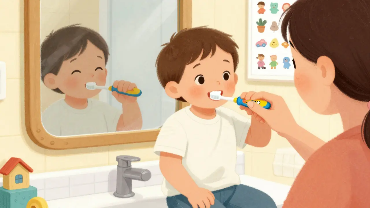 Dítě čistí zuby spolu s rodičem, používá barevný kartáček.