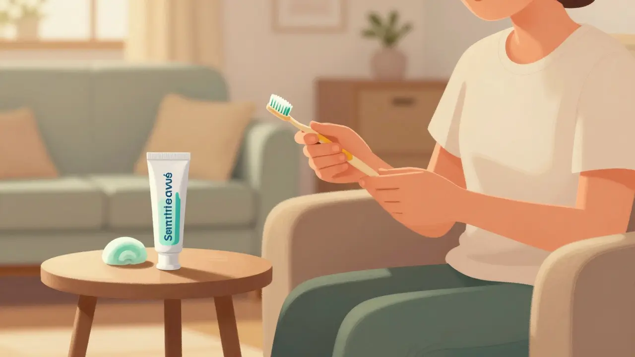 Domácí péče s pastou na citlivé zuby a měkkým kartáčem.