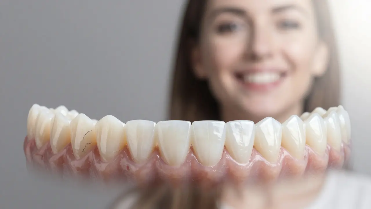 Dva řádky zubů: jedny s opotřebovanými plombami, druhé s leskly keramickými fazetami, za nimiž se objevuje smích.