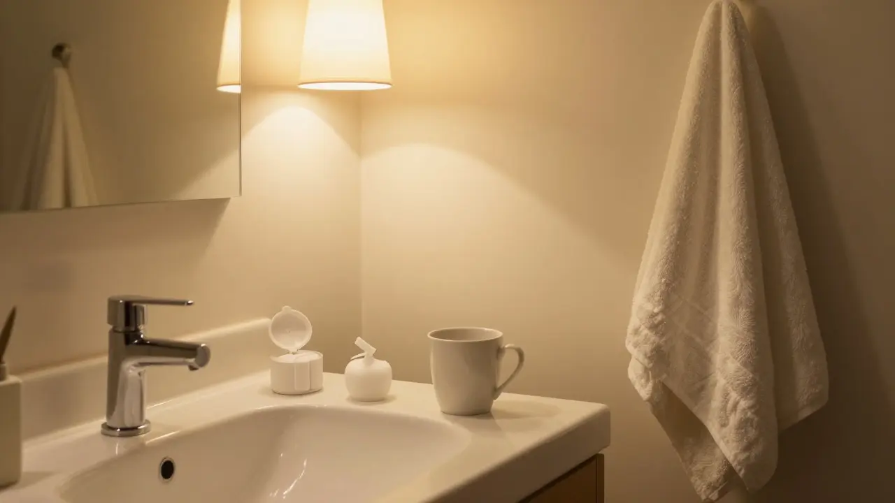 Koupelna při večerní hygienické rutinně, teplé světlo.