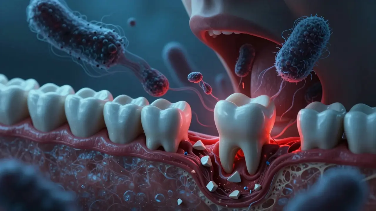 Křížový řez ústní dutiny s bakteriemi šířícími se do dásní a krevního oběhu.