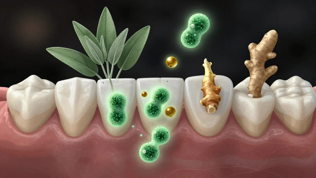 Mikroskopický pohled na bakterie v zubním plaku, které jsou potlačovány přírodními bylinami.