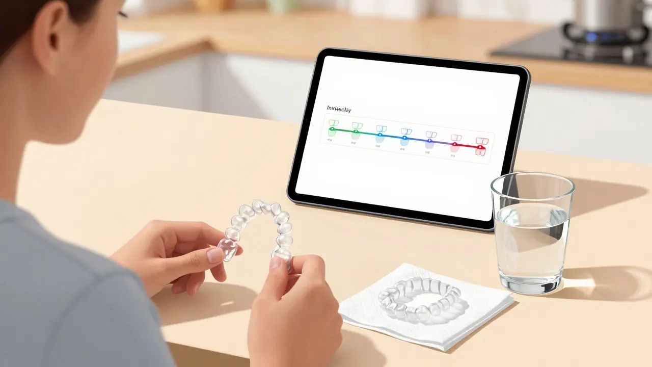 Osoba s Invisalign rovnátky vyjmutými při jídle, s digitálním zobrazením pohybu zubů na tabletu.