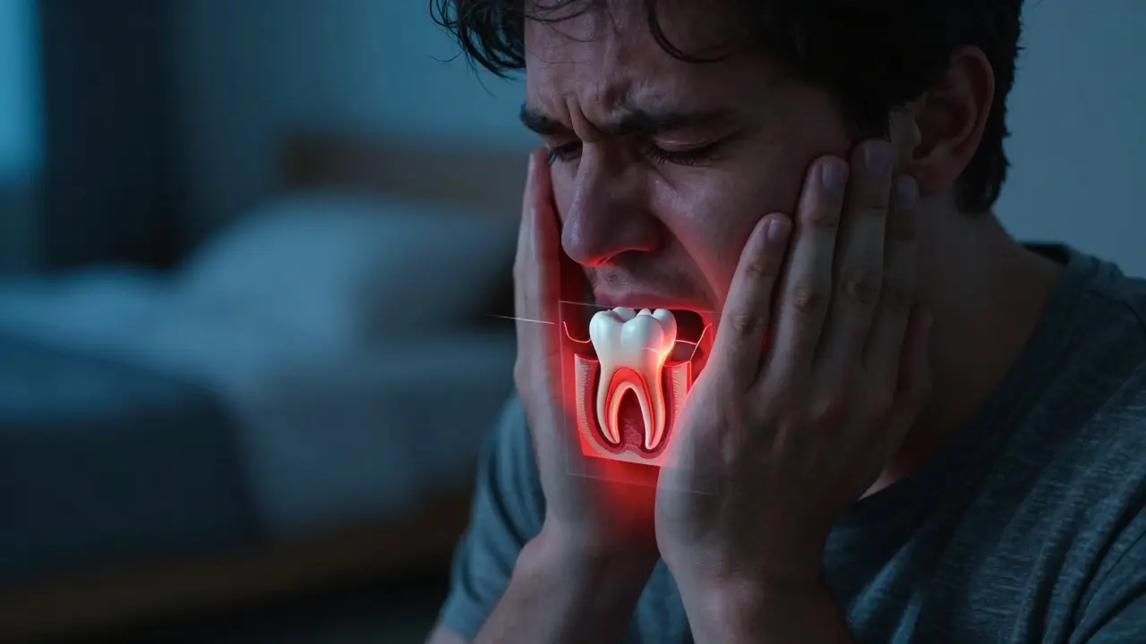 Osoba trpící zubní bolestí v noci s transparentním zobrazením vnitřní struktury zubu a zánětlivým tlakem na nerv.