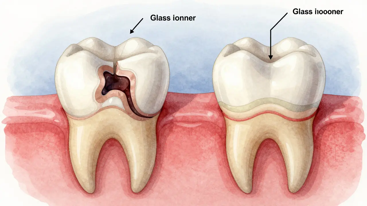 Porovnání poškozeného zubu a zrestaurovaného kompozitní plombou s vyznačenými vrstvami.