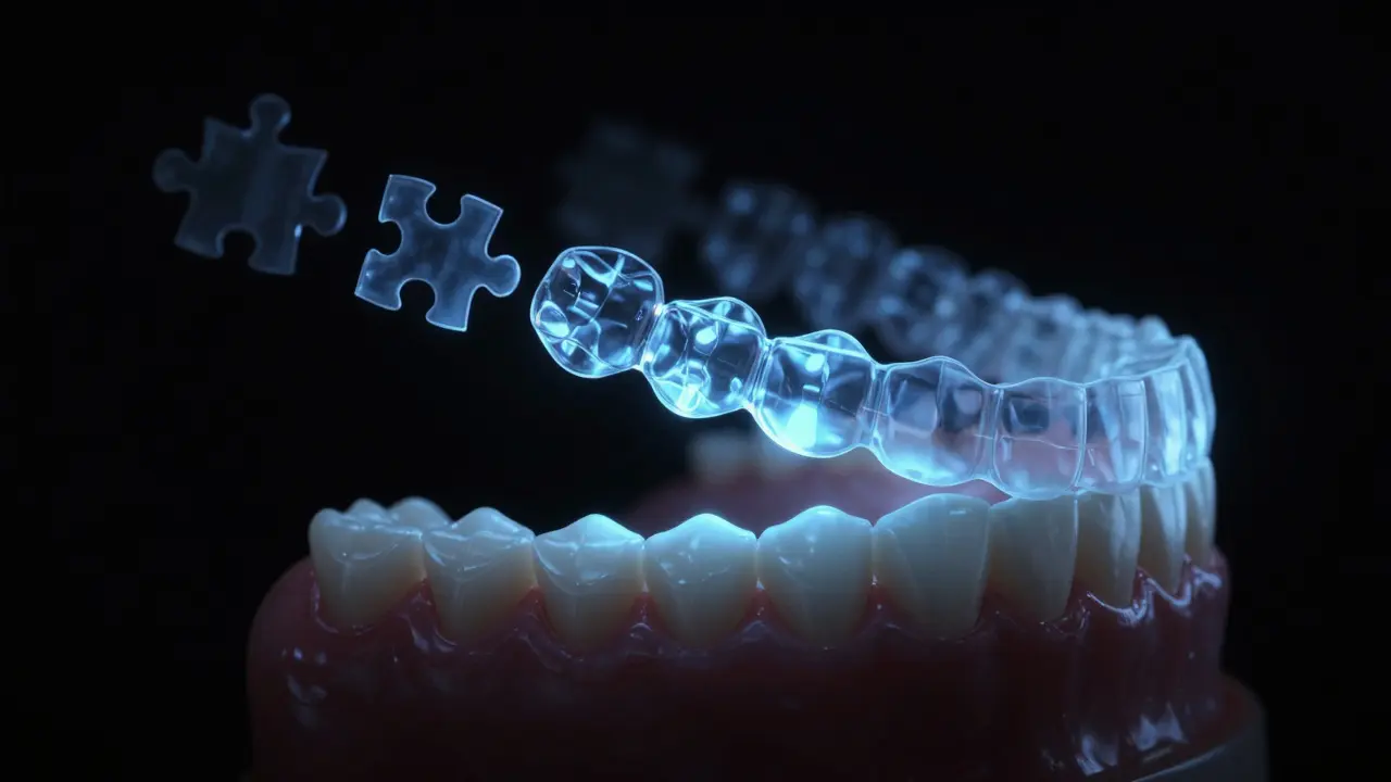 Přechod zubů do nové pozice přes sérii průhledných rovnátek, světelné efekty v temném prostředí.