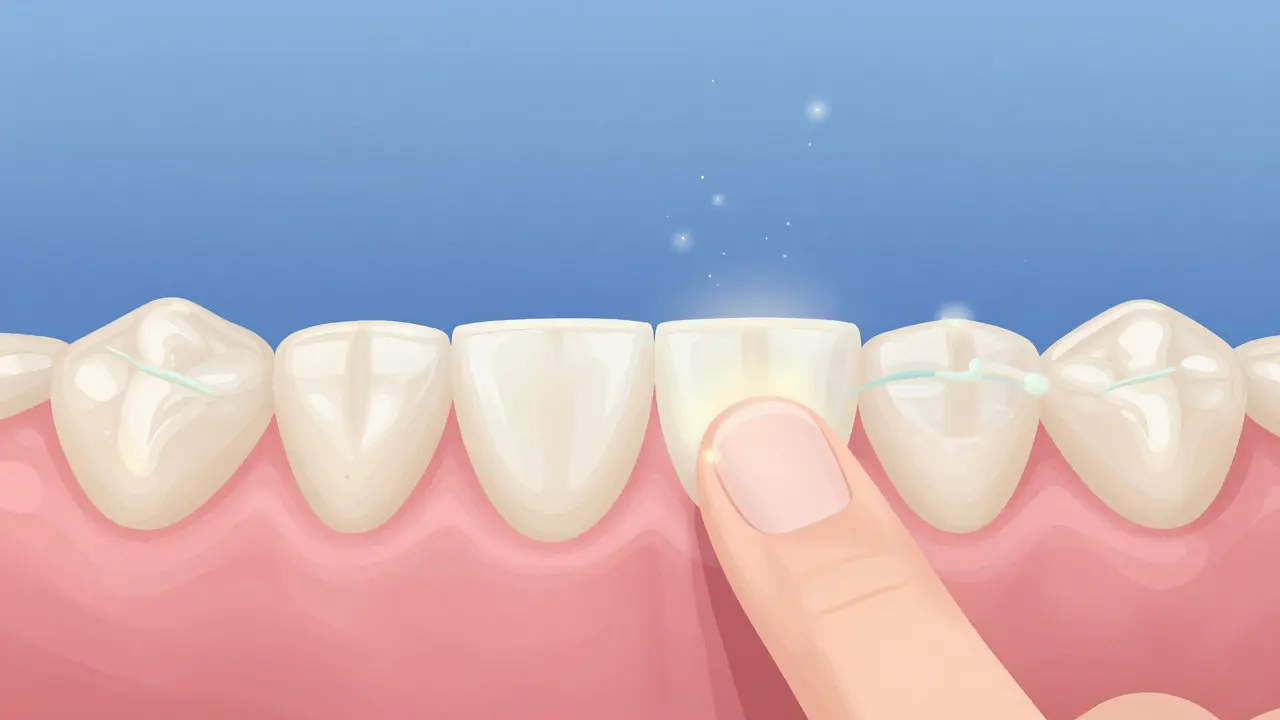 Protéza se jemně přilepuje k dásni, vzniká viditelná vazba.