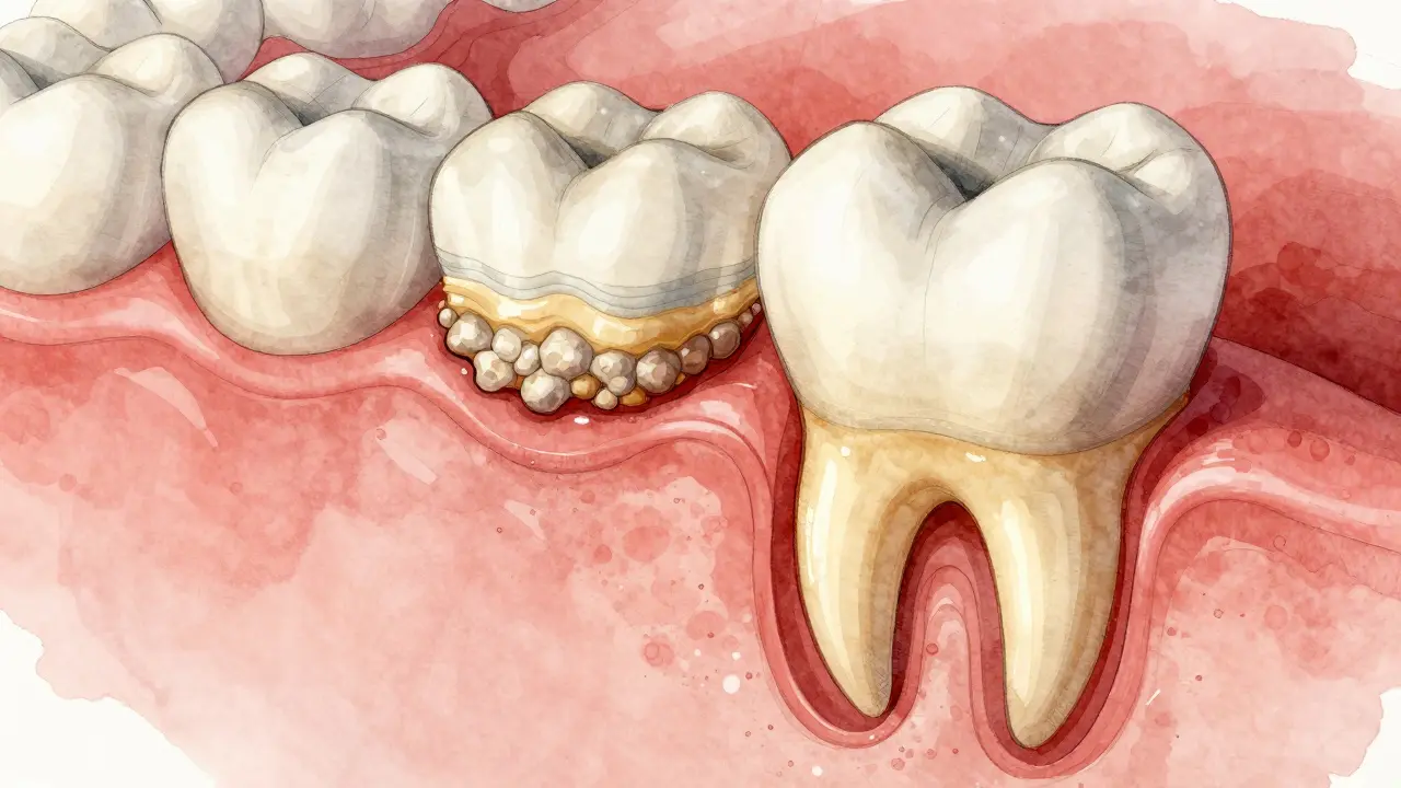 Průřez zubem ukazující rozdíl mezi zubním kamenem a kazem.